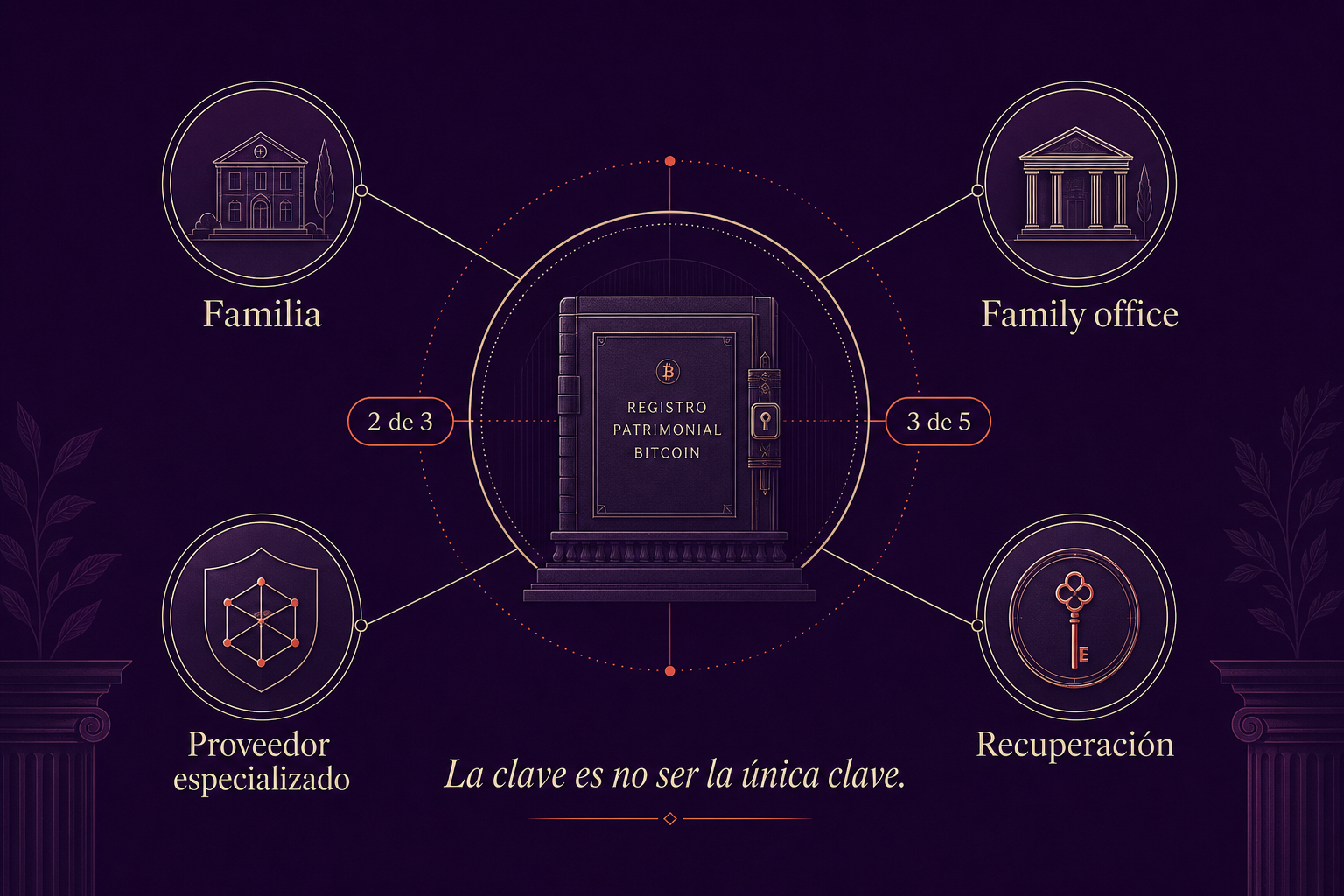 Diagrama editorial de custodia colaborativa de bitcoin con varias claves y roles de gobierno patrimonial.
