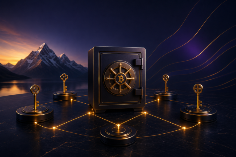 Caja fuerte con símbolo de bitcoin conectada a varias llaves, representando custodia colaborativa para family offices.